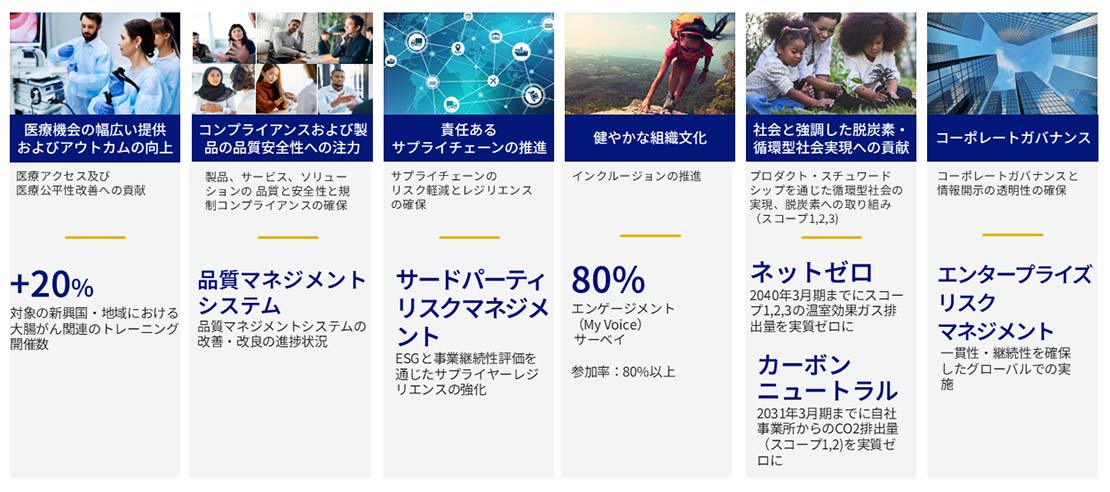 マテリアリティ(重要課題)の重点領域を示す図。医療アクセス向上、製品品質・安全性、サプライチェーン管理、組織文化、脱炭素・循環型社会への貢献、コーポレートガバナンスの6分野について、主な取り組み内容と目標を示している。