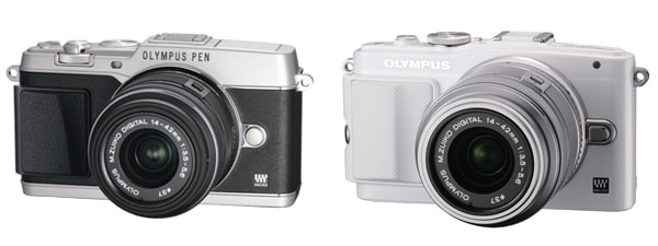 OLYMPUS PEN E-P5 シルバー（左）／OLYMPUS PEN Lite E-PL6 ホワイト（右）