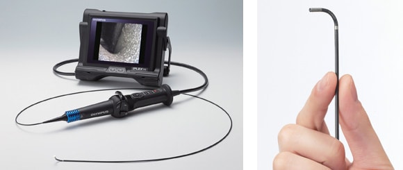 工業用ビデオスコープ「IPLEX TX」製品全体（左）、スコープ先端部分（右）
