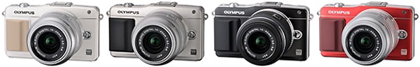 OLYMPUS PEN mini E-PM2（左：ホワイト／中央左：シルバー／中央右：ブラック／右：レッド）+ M.ZUIKO DIGITAL 14-42mm F3.5-5.6IIR